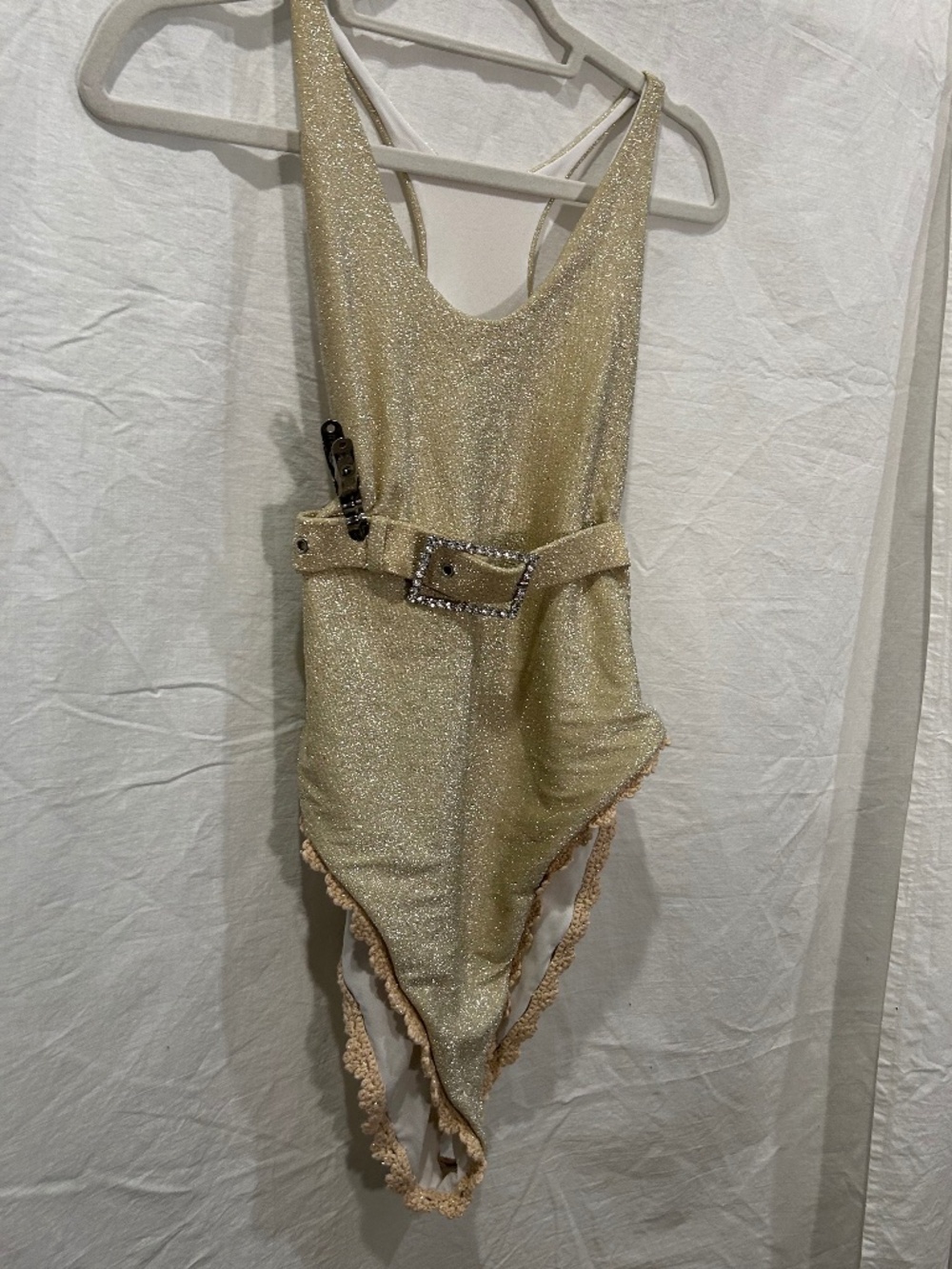 Maiyo Metallic Gold Shimmer rhinestone belled crochet knit trim one piece suit L